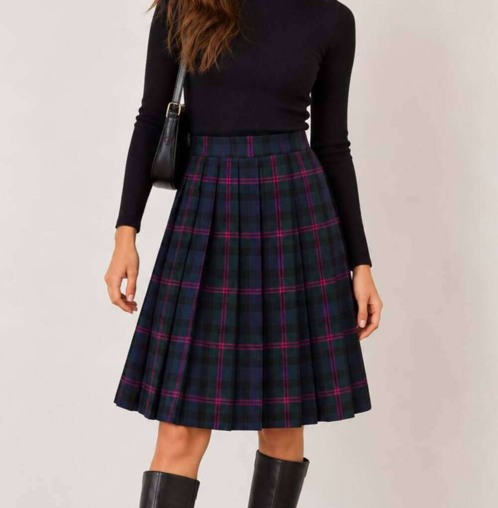 Nordstrom Savvy 100% Wool Pleated Plaid Midi Skirt Size 4 Vintage